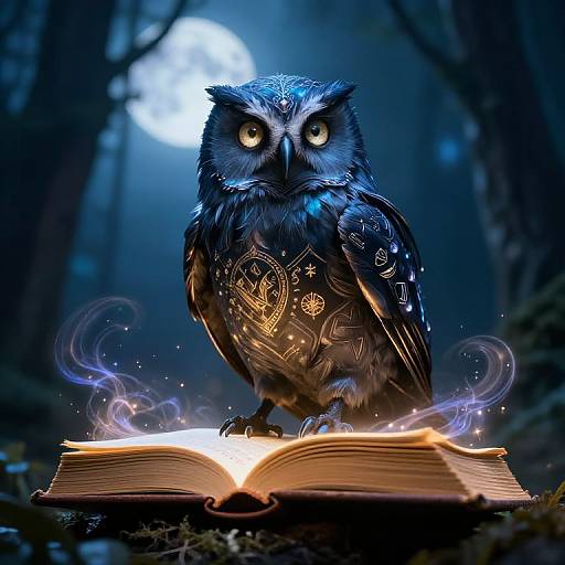 Digital artwork of a mystical owl with glowing eyes and intricate runes on its feathers, perched on an open magical book, illuminated by a full moon in