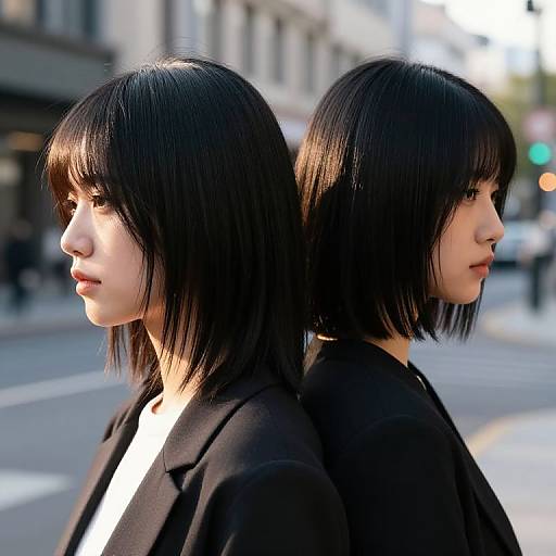 Photograph of two East Asian women with short black hair, wearing black coats, standing back-to-back on an urban street.