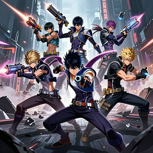 Digital anime artwork of six male fighters with spiky hair, futuristic guns, and dark clothing in a neon-lit, urban battlefield.