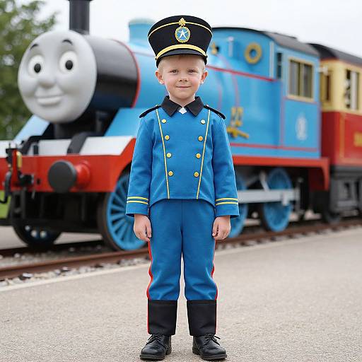 Photograph of a young boy in a blue train conductor uniform with black hat, standing in front of a colorful Thomas the Tank Engine train.