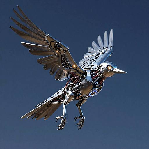 Digital artwork of a robotic crow with glowing orange eyes, metallic feathers, and intricate mechanical wings, soaring against a deep blue sky.