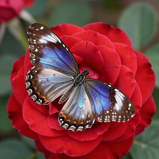 Photograph of a vibrant blue and black butterfly with white spots, perched on a bright red, fully bloomed rose.