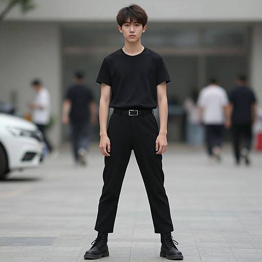 Photograph of a young Asian man with short black hair, wearing a black t-shirt, black pants, and black shoes, standing confidently in a blurred
