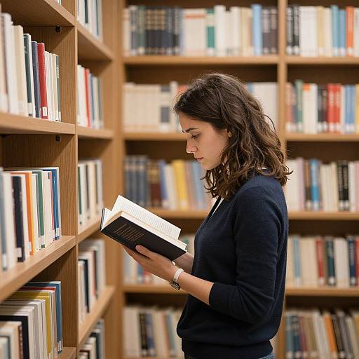 Photograph of a young woman with wavy brown hair, wearing a black sweater, reading a book in a spacious library with wooden bookshelves filled