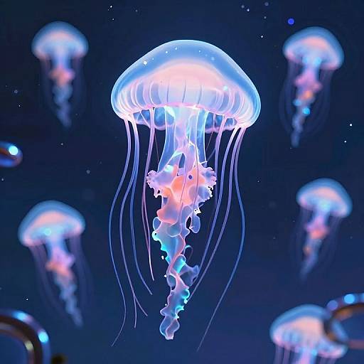 Photograph of glowing, translucent jellyfish with pink and blue hues, floating in a dark, starry ocean background, surrounded by blurred jellyfish.