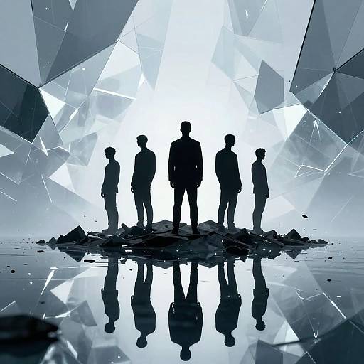Silhouetted group of five people standing on a reflective surface against a shattered, geometric, bright white background. Digital art.