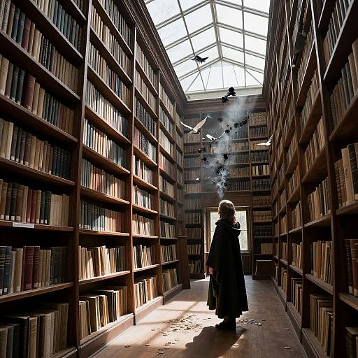 Photograph-like digital art of a lone figure in a dark cloak, standing in a sunlit, tall-ceiling library with rows of bookshelves