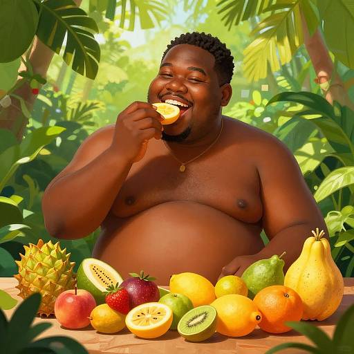 Photorealistic digital image of a smiling, shirtless, dark-skinned, overweight man with short curly hair, eating a slice of pineapple among tropical