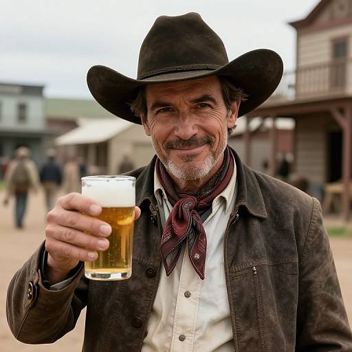 Photograph of an older man with a gray beard and mustache, wearing a black cowboy hat and jacket, holding a glass of beer, smiling,