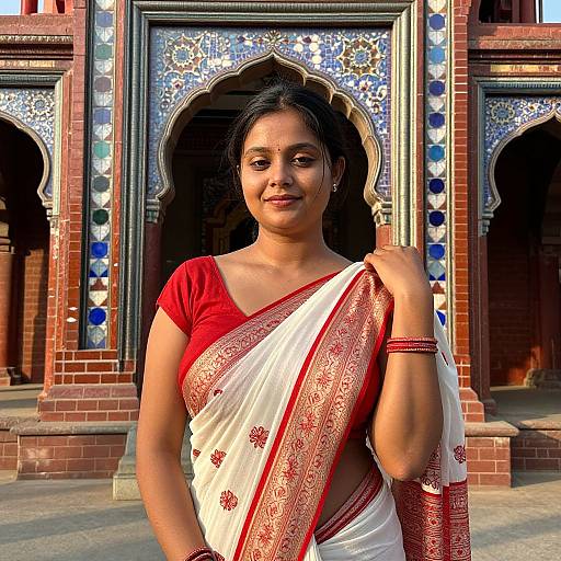 Photograph of an Indian woman with medium brown skin, black hair, red and white sari, standing in front of ornate, brick and mosaic