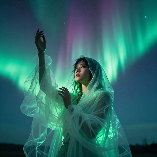Photograph of a young woman with pale skin and dark hair, wrapped in translucent white fabric, standing under vibrant green and purple northern lights at night.