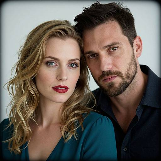 Photograph of a blonde woman with blue eyes and red lipstick, and a bearded man with dark hair, both wearing dark clothing, standing close together
