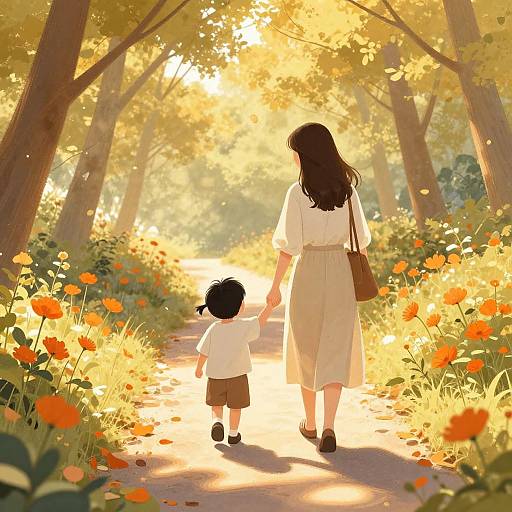 Digital art of a woman and child holding hands on a sunlit, flower-lined forest path, surrounded by tall trees and vibrant orange flowers.