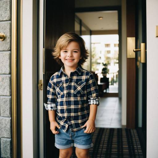 Smiling Toddler Boy in Plaid Shirt and Denim Shorts