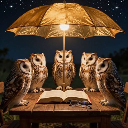Photograph of four owls with detailed brown and white feathers, standing on a wooden table under a glowing yellow umbrella, reading an open book with glasses