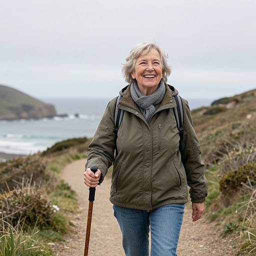 Smiling elderly woman with short gray hair, green jacket, blue jeans, and gray scarf, walks on coastal path with wooden cane.