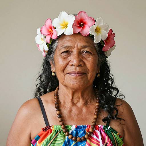 Elderly Indigenous Woman in Hawaiian Floral Headpiece