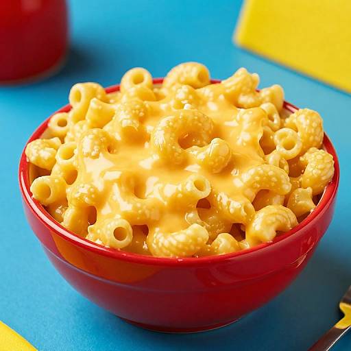 Photograph of a red bowl filled with creamy, golden macaroni and cheese, set against a bright blue background with yellow accents.