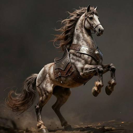 Photorealistic digital artwork of a powerful, rearing, gray horse with flowing mane, adorned in ornate, silver armor against a dark, sm