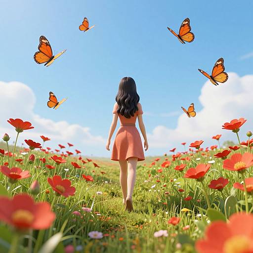 Digital illustration: A girl with long black hair in a red dress walks through a vibrant field of red poppies, surrounded by orange butterflies against a bright