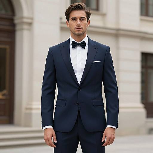 Photograph of a handsome, young Caucasian man with short brown hair, wearing a dark navy tuxedo, white shirt, black bow tie, and
