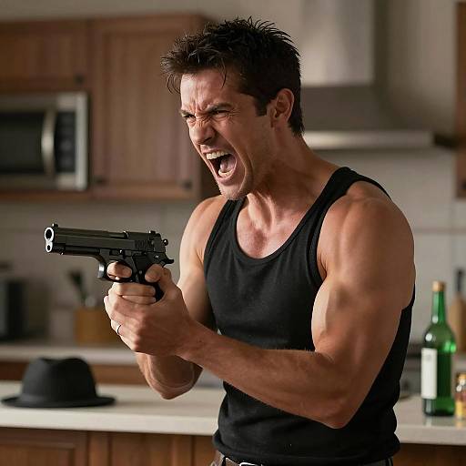 Angry man holding pistol in kitchen