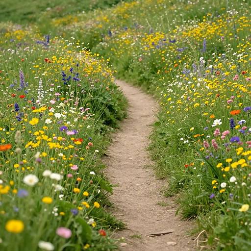 Photograph of a narrow, winding dirt path through a vibrant meadow filled with colorful wildflowers, including yellow, white, red, blue, and