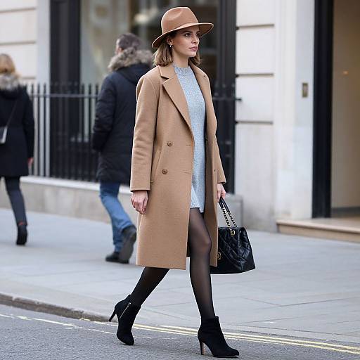 Photograph of a stylish woman in a tan coat, white dress, black tights, black boots, and brown hat, walking on a city street