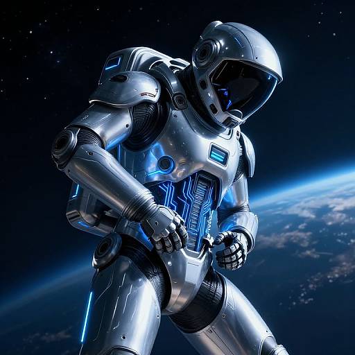 Digital illustration of a futuristic, silver robot astronaut with blue glowing circuits, standing in space against a starry background and Earth's horizon.
