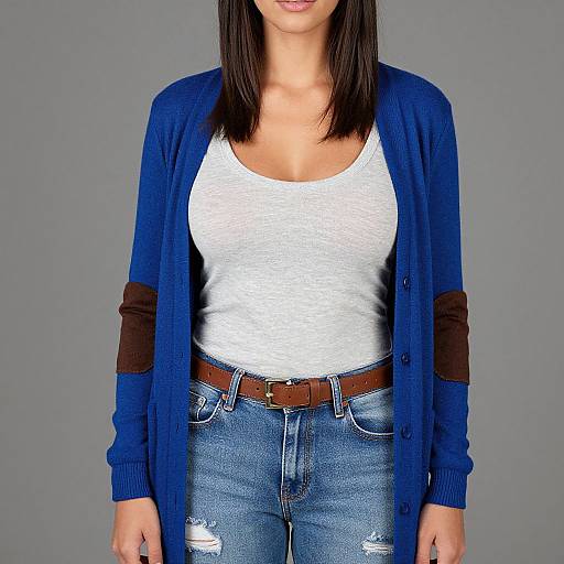 Photograph of a woman with straight black hair, wearing a white tank top, blue cardigan with brown sleeves, and blue jeans, against a gray