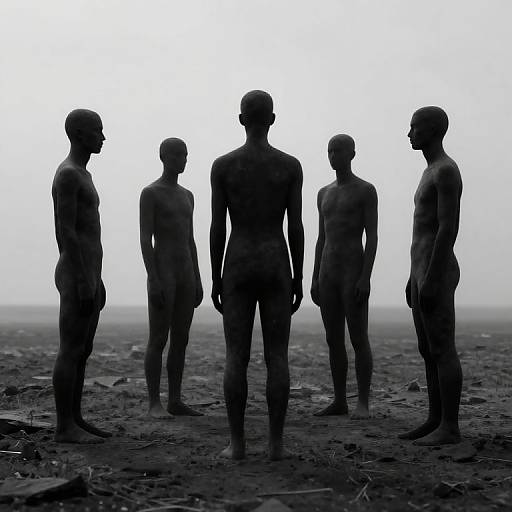 Photograph of five nude, silhouetted male figures standing in a foggy, barren landscape, facing different directions, creating a mysterious and stark