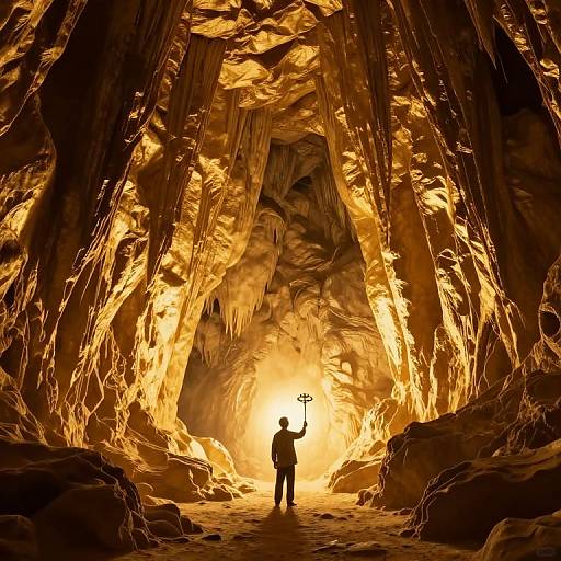 Photograph of a lone silhouette standing in a towering, illuminated cave with golden-orange rock formations, holding a glowing symbol aloft.