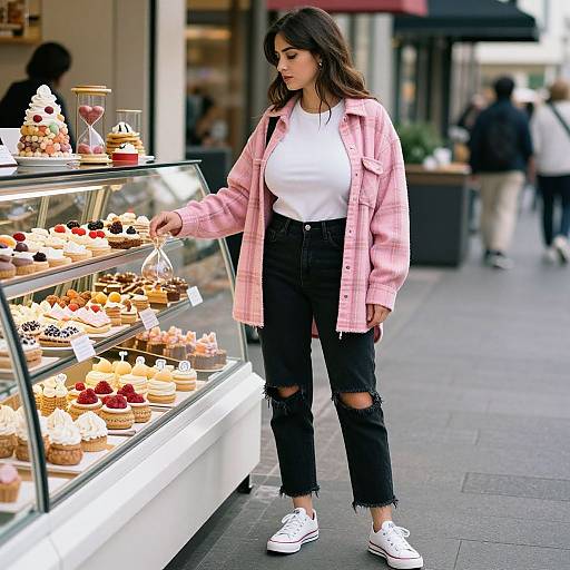 Photograph of a young woman with long dark hair, wearing a pink denim jacket, white shirt, black ripped jeans, and white sneakers, selecting past