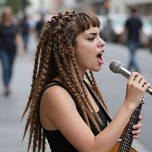 Photograph of a young woman with long, brown dreadlocks, wearing a black sleeveless top, passionately singing into a microphone on a busy street,