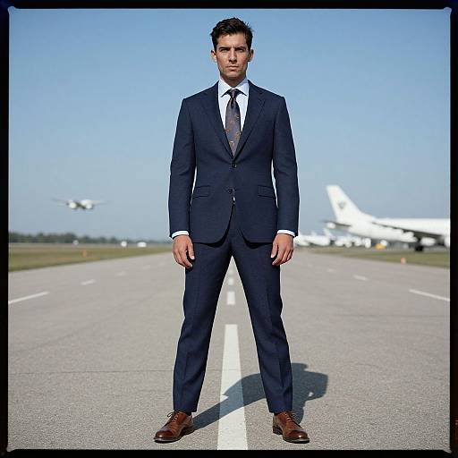 Photograph of a handsome man in a navy suit, white shirt, and brown shoes standing on an airport runway with two airplanes in the background under a