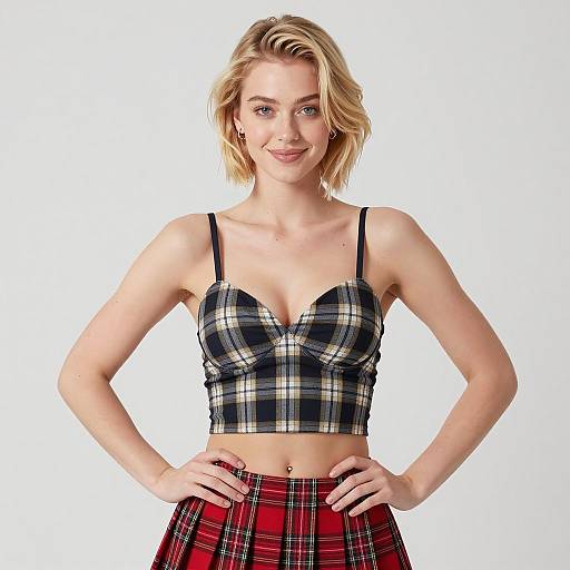 Blonde Woman in Plaid Crop Top and Skirt