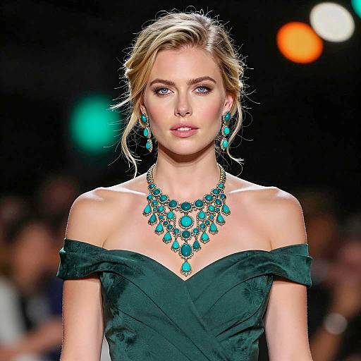 Blonde Woman Wearing Teal Jewelry and Green Dress