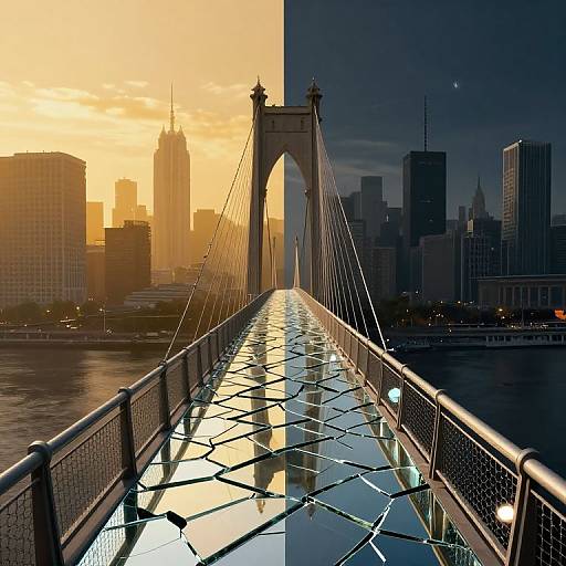 Split-image photograph of Brooklyn Bridge at sunset, showing bright yellow sky on left and dark blue night sky on right, with city skyline reflecting on the bridge