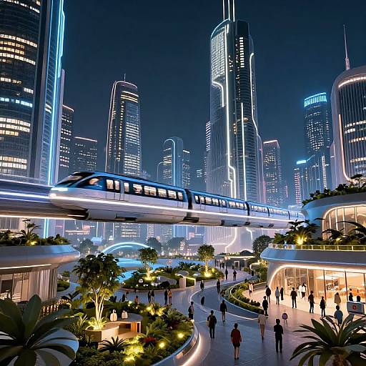 CGI futuristic cityscape at night with a glowing, elevated monorail crossing above a bustling, landscaped pedestrian path surrounded by towering, neon-l