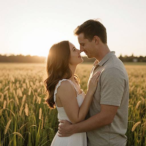 Photograph of a smiling couple in a sunlit wheat field, kissing tenderly. She wears a white lace dress, he wears a gray polo shirt