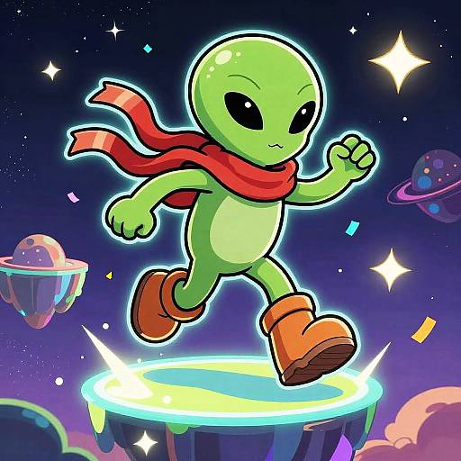 Joyful Alien Jumping Across Neon Islands