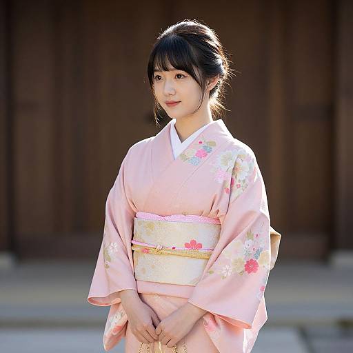 Photograph of a young Asian woman in a pink floral kimono with a white and gold obi, standing outdoors against a wooden backdrop. She has