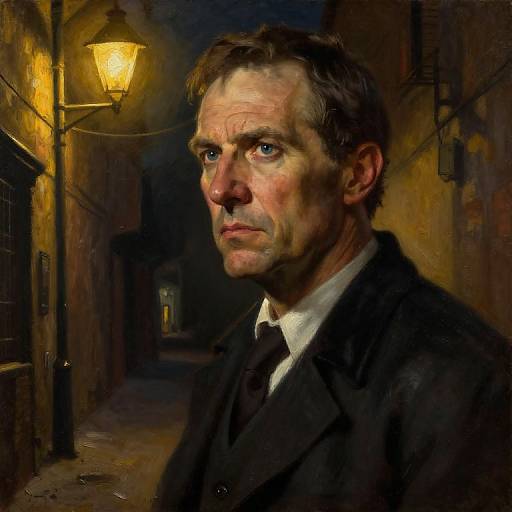 Digital painting of a serious, middle-aged man with short brown hair, wearing a black suit and tie, standing in a dimly-lit, narrow