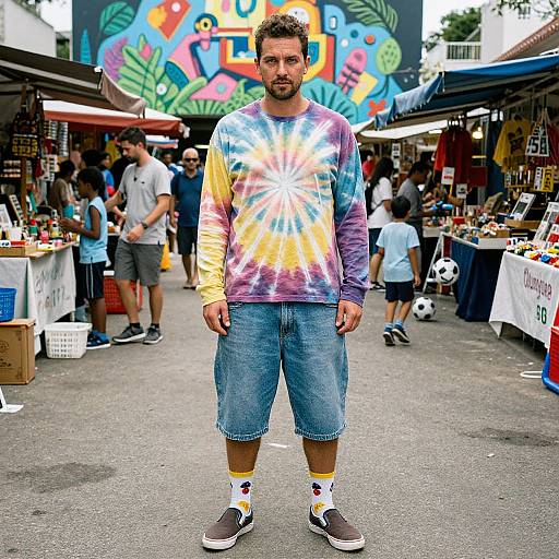Photograph of a bearded man in a tie-dye shirt, denim shorts, socks, and sneakers, standing in a vibrant outdoor market. Color