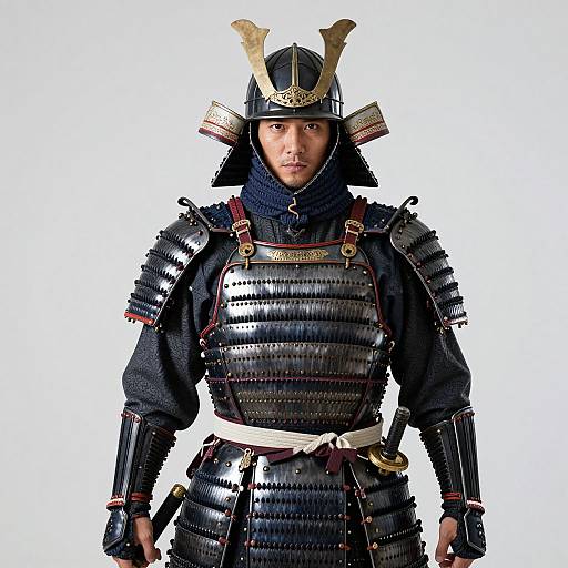 Photograph of a Japanese samurai in traditional black armor with gold accents, helmet with horns, and white sash, standing against a plain white background