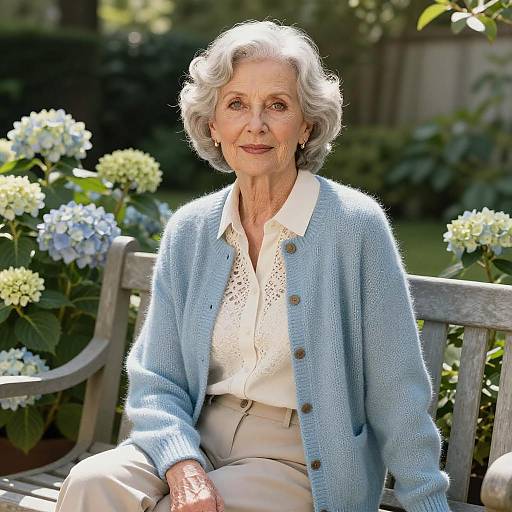 Photograph of an elderly woman with short, curly gray hair, wearing a light blue cardigan, white lace blouse, and beige pants, sitting on