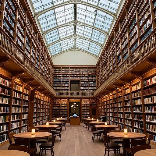 Photograph of a grand library with high, glass-paneled ceiling, wooden bookshelves filled with books on both sides, and round tables with candles
