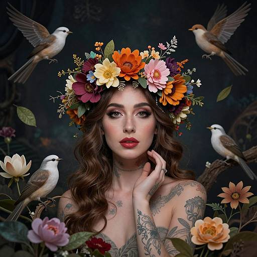 Digital artwork of a tattooed woman with long brown hair, wearing a colorful flower crown, surrounded by flying birds and vibrant flowers.