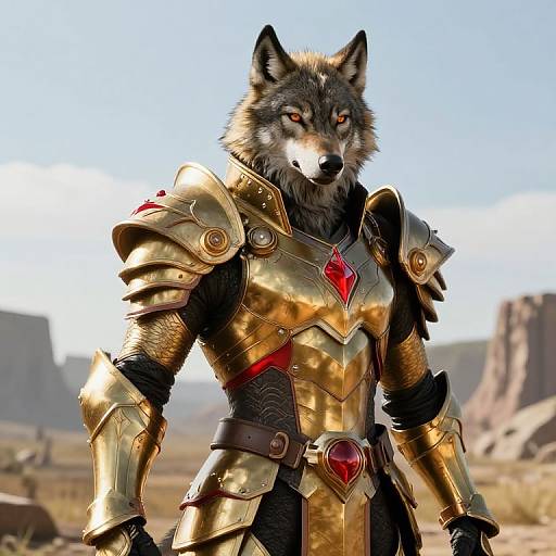 Digital artwork of a fierce anthropomorphic wolf in shiny gold armor with red gem accents, standing in a desert landscape.