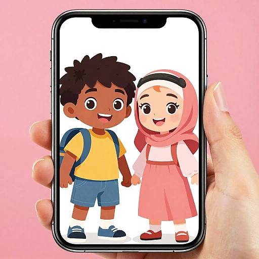 Digital drawing of a smiling black boy in yellow shirt and blue shorts, and a white girl in pink hijab and dress, on a smartphone screen held
